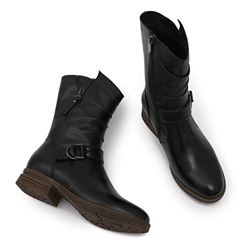 Mona flying Women's Comfort Mid Calf Leather Booties Inside zip Fashion Round Toe Biker Boots Low Heel Dress Engineer Boots3