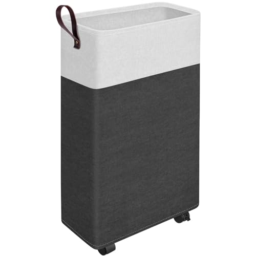Image of EpicTotes 28-Inches Rolling Slim Laundry Basket on Wheels, Collapsible & Waterproof Laundry Hamper, Freestanding Narrow Corner Clothes Bins with Easy Carry Handles for Clothes at Home, Grey