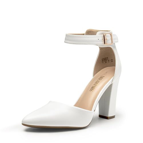 DREAM PAIRS Women's Chunky High Heels Dress Pumps Closed Pointed Toe Block Ankle Strap Shoes for Wedding Party,Size 8,White-Pu,SDPU2451W