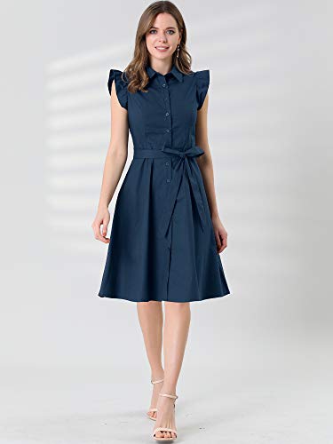 Image of Allegra K Women's Ruffled Sleeve Casual Office Dress Tie Waist Button Down Cotton Shirt Dresses