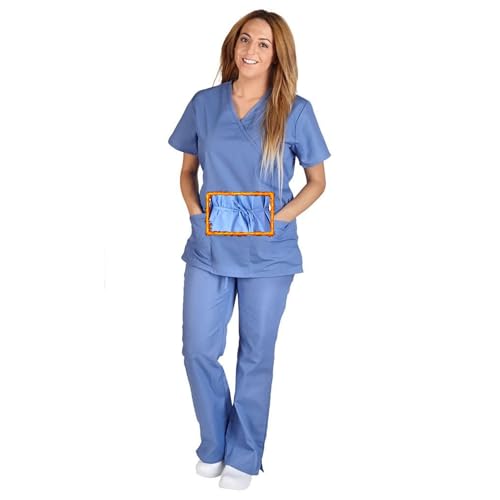 M&M SCRUBS Women Mock Wrap/Flare Pant Set Medical Scrub Set M Ceil Blue