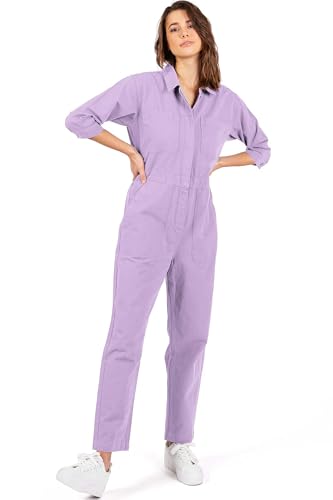 Lana Roux Womens Coverall Aviator Utility Denim Jumpsuit (Lavender, Small)