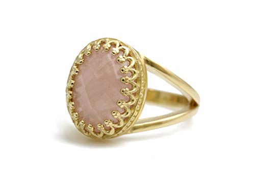Bague quartz rose et or 14k, promesse d'amour et de fiançailles éternelles
