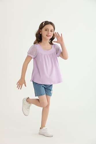 Image of Girls Shirts Puff Short Sleeve Tunic Tops Pleated Square Neck Loose Blouse for Girl Summer Casual Blouse Tee