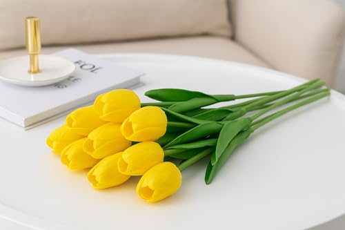 Image of Pink Olive Tulip Flowers Bunches | for Home Decor | Living Room, Corner Table, Bedroom, Wedding Party Decor, Gifting | Real Like Feel, Artificial Flower | Bunch of 05 (Yellow Tulip)