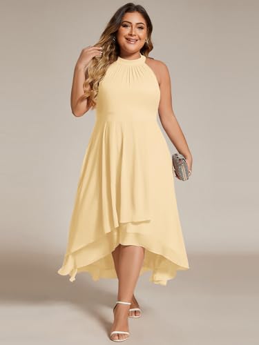 Image of Ever-Pretty Plus Women's Sleeveless Halter A Line Pleated High Low Plus Size Wedding Guest Cocktail Dresses 31926-DA