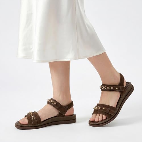Image of UBFEN Womens Flat Sandals with Adjustable Back Strap, Arch Support | Beaded, Open Toe, Slingback, Casual, Comfortable for Walking, Vacation and Travel