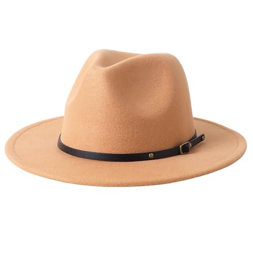 Lanzom Kids Girls Vintage Wide Brim Wool Felt Bowler Cap Bowknot Floppy Fedora Hat (X-Camel)