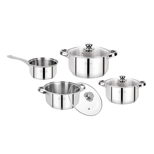 Batería de cocina 7 piezas, acero inoxidable, inducción, Lexia: cazo 16 cm (1,5L), cacerolas con tapa de 16 (1,5 litros), 18 cm (2 litros) y 20 cm (3 litros)