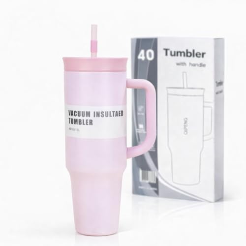 Image of HomeCloud 1200ml Insulated Coffee Tumbler with Lid - Double Wall Travel Mug for Hot & Cold Drinks, Leak-Proof, Durable, Portable, Stylish Stainless Steel Design (Pink with Pink Lid)