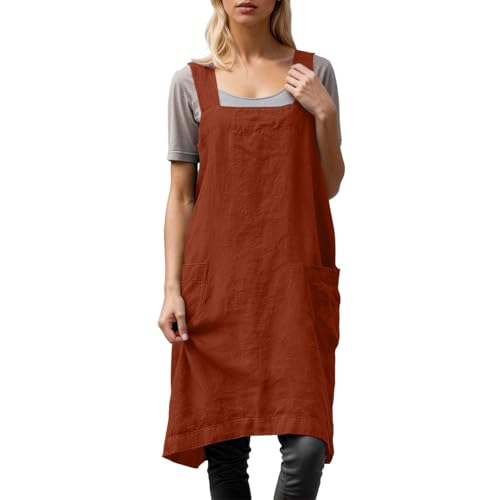Generisch 2026 Vestido de delantal de lino para mujer, delantal cuadrado, ideal para jardinería, naranja, L