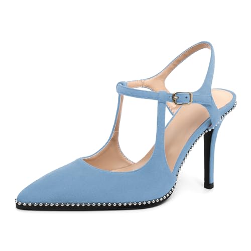 Image of SAMMITOP Womens High Heels Ankle Strap Pointed Toe Stilettos Patent Leather Beaded Pumps Dress Shoes 3.5 Inch