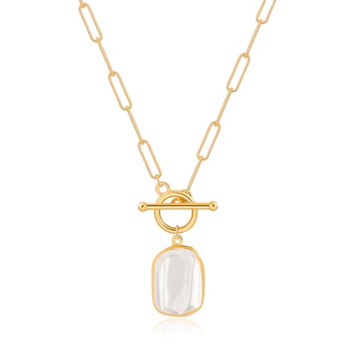 Aobei Pearl 18K Gold Plated Pendant Necklace for Women Dainty Gold Chain Choker Love Heart Disc Coin Pearl Cross Toggle Jewelry