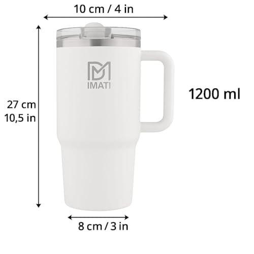 Image of IMATI Insulated Steel Tumbler 1200ml with Flip Straw Side Handle & Leakproof Lid - Stainless Steel Travel Mug Coffee Cup & Water Bottle for Office Gym Car Adults (White 2 Lids 2 Straws Brush)