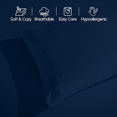 Image of Elegant Comfort Luxurious 1500 Premium Hotel Quality Microfiber Three Line Embroidered Softest 4-Piece Bed Sheet Set, Wrinkle and Fade Resistant, Full, Navy Blue