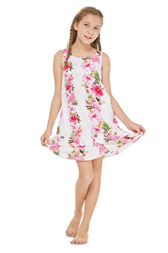 Girl Hawaiian Tank Ruffle Edge Dress in Pink Hibiscus Vine