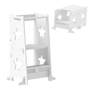 AIYAPLAY Torre de Aprendizaje 2 en 1 Taburete de Aprendizaje para Niños de +3 Años Convertible en Mesa y Silla con Barra de Seguridad 60×44,5×86 cm Blanco
