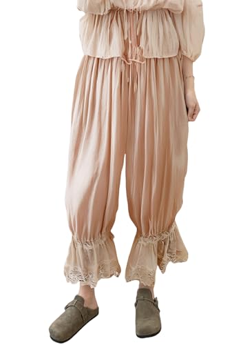 Image of Women Lace Long Bloomers Pants Elastic Waist Y2k Ruffle Pettipants Slip Cute Pantaloons Pumpkin Pants