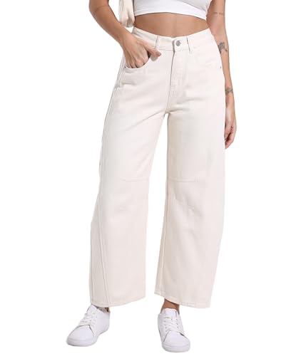 Women's Mid Elastic Waist Wide Leg Barrel Jeans Cropped Denim Pants Comfortable Boyfriend Jeans with Pockets