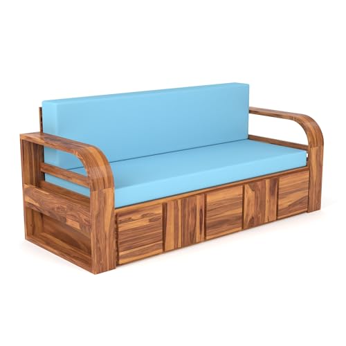 Image of Mamta Furniture Sheesham Wood Sofa Cum Bed with Storage for Living Room Bedroom | Wooden Diwan Sofa Set with Cushions and Blue Mattress Support | Honey Finish