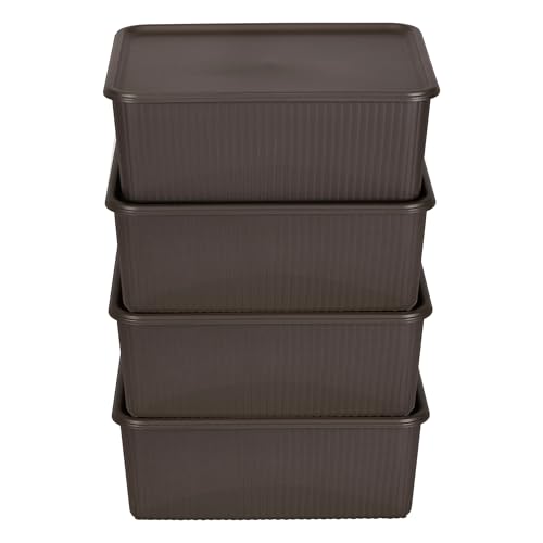Image of Kolorr Ribbed Baskets Medium Pack of 4 With 4 Standard Lid (Non-Airtight Loose-Fit Cover) Multipurpose Plastic Storage Baskets For Cloths Wardrobe Home Kitchen & Livingroom I Dark Brown