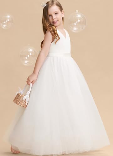Satin Flower Girl Dress V-Back First Communion Girls Dresses White Maxi Ball Gown for Wedding Party with Bow-Knot3