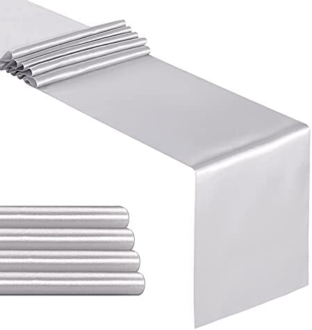 YUHX Pack of 5 Satin Table Runner 12 x 108 Inches Long,Silver Table Runners for Wedding, Birthday Parties, Banquets Decorations（Silver, 5 Pack）