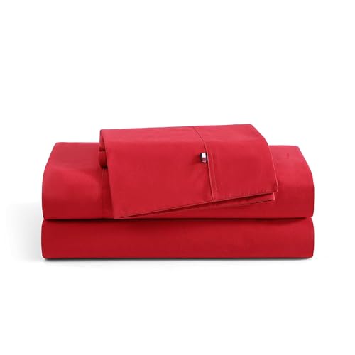 Image of Tommy Hilfiger - Sheet Set, Cotton Percale Bedding with Matching Pillowcases, Crisp & Cool, Solid Home Essentials (Red, Full)