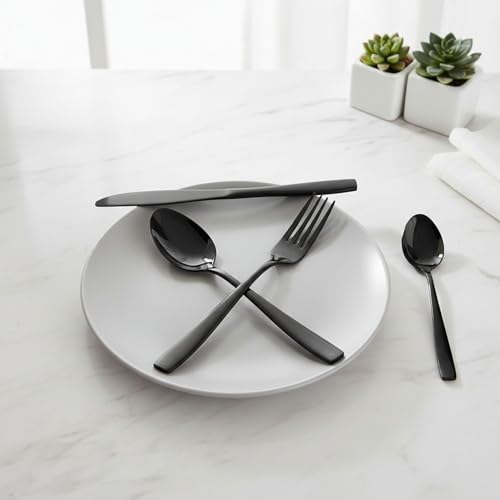 Image of 20 Pcs Black Mirror Polish Stainless Steel Cutlery Set for Dining Table with Spoons and Forks Set + Butterknives - The Perfect Tableware /Flatware
