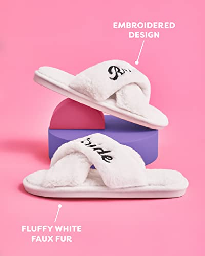 xo, Fetti Bride Slippers, White Fur | Bachelorette Party Decorations, Wedding Day Sandals, Bridesmaid Gift, Bridal Shower Party Favor…3