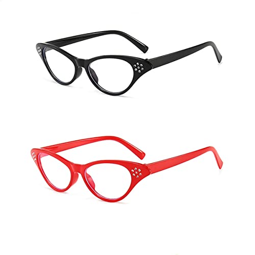 Cat Eye Glasses, 2PCS Cat Eye Rhinestone Glasses, Womens Cat Eye Rhinestone Glasses(Red,Black)