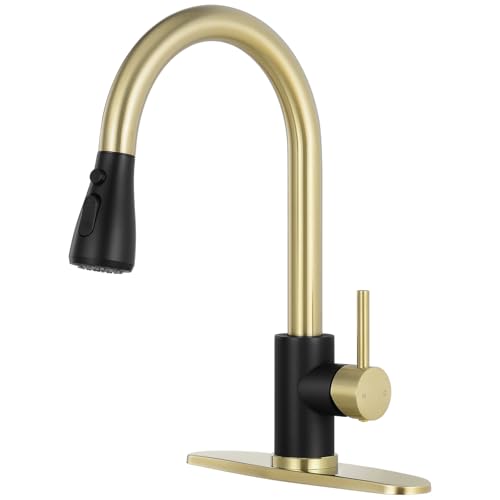 Qomolangma Grifo de cocina dorado y negro con pulverizador extraíble, grifo de fregadero de cocina RV de una sola manija con pulverizador extraíble