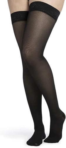Image of SIGVARIS Women's Style Medium Sheer 750 Closed Toe Thigh-Highs w /Grip Top 20-30mmHg - Black - Medium Short