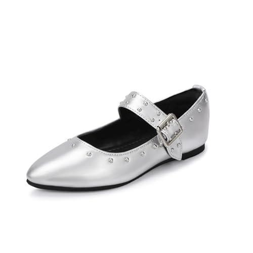 PANDANINJIA Girls Dress Shoes Studded Mary Jane Ballet Flats for Girl Pointed Toe Little Big Kid Flower Girl Party Formal Wedding Shoes