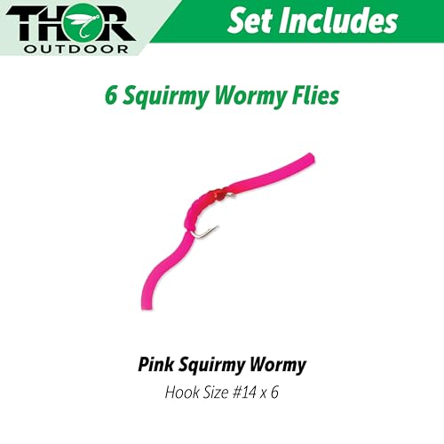 Thor Outdoor 6 Pc Squirmy Wormy Set, San Juan Red Size #14 - Wet Worm Fly Fishing Flies for Trout, Panfish, Bass
