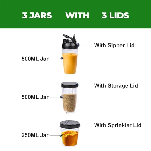 Image of Balzano Bullet Mixer Grinder 500W, 3 Jars-2 Blades, 3 Lids, Blender for Smoothies and Juices, Nutri Blender for Kitchen, Smoothie Maker, Italian Design, Made in India, Black
