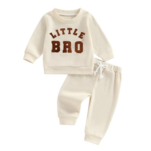 Image of Fall Baby Boy Clothes Mama's Boy Little Dude Embroidered Long Sleeve Sweatshirt Pants Set Waffle Knit Outfit