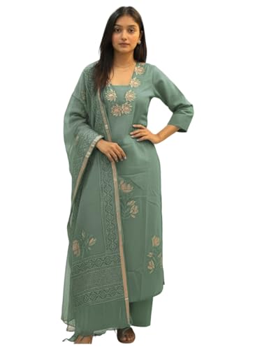 Image of ANNI Designer Women's Rayon Viscose Straight Printed Embroidered Kurta with Pant & Dupatta | Ethnic Kurta Set for Women | Daily, Office & Festive Traditional