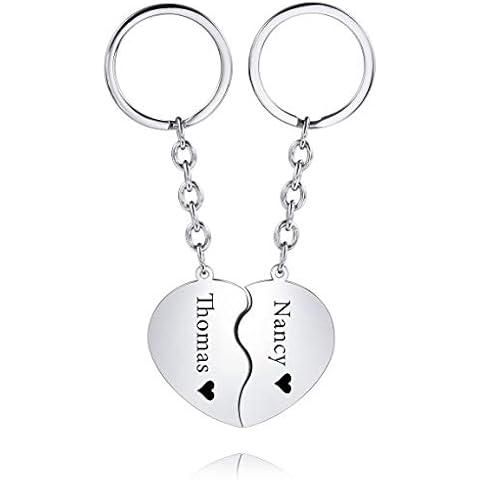 VIBOOS Personalized Couple Keychain Relationship Gifts Engraving Names Date Stainless Steel Heart Custom Keychain for Boyfriend Girlfriend Women Men Best Anniversary Wedding Gift(Silver Color) Cover