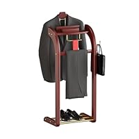 Qcesorib Solid Wood Suit Rack Stand, Freestanding Valet Stand with Tray, Men's Valet Coat Stand with Contour Hanger, Solid Base, for Bathroom Office Bedroom, Walnut