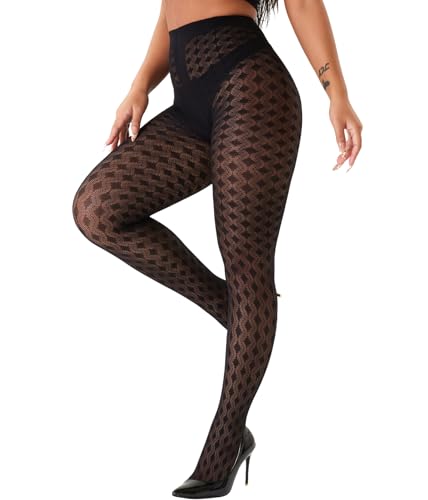 Womens Checkered Pattern Tights High Waist Sheer Pantyhose Diamond Design Fashion Hosiery for Dresses (US Alpha One Size Regular Regular Black Diamond Shape)