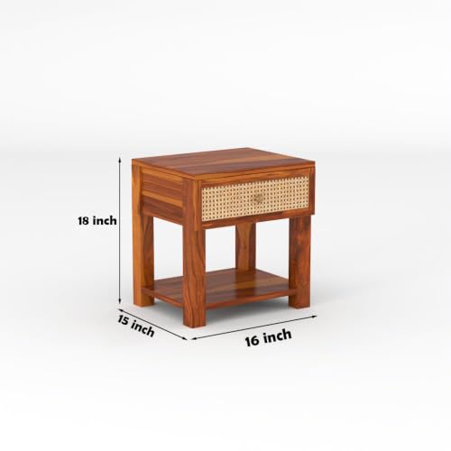 Image of Solid Sheesham Wood Bedside Table with Cane Rattan Drawer & Open Storage Shelf | Wooden Nightstand for Bedroom, Living Room & Guest Room (Honey Finish)