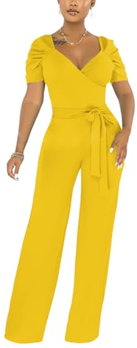 Image of PaladMom Womens Elegant Plus Size Jumpsuits Sexy Back zipper Short Sleeve Mid Waist Wide Leg Straight Rompers