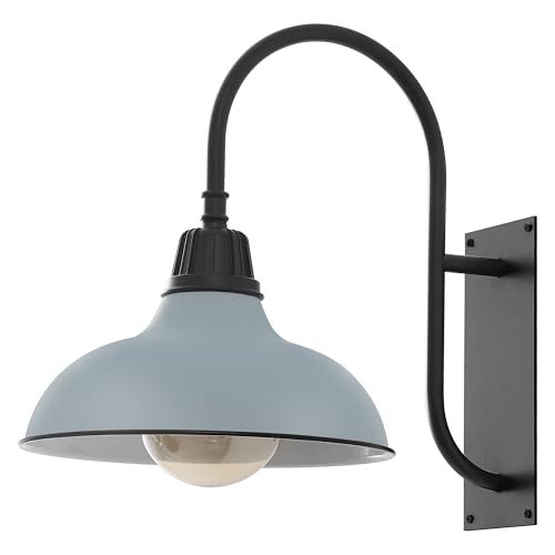 Image of JONATHAN Y 12.25 inch Matte Silver 1-Light Blue /Black Farmhouse Gooseneck Outdoor Wall Sconce Lamp, with Black Metal Bowl Shade, Industrial Iron LED Porch Light for Patio Garage Entryway (JYL7614K)