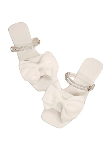 GORGLITTER Women's Bow Flat Sandals Dressy Rhinestone Slides Comfort Sandals Cute Slip On Shoes White 8