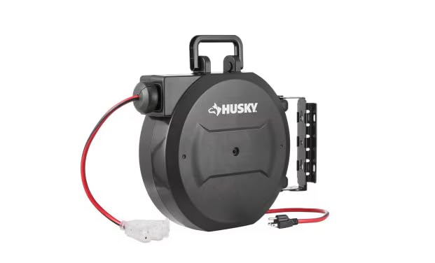 Husky 50 ft. 14/3 Medium Duty 13-Amps Indoor Extension Cord Reel with Multiple Outlet Triple Tap End, Black