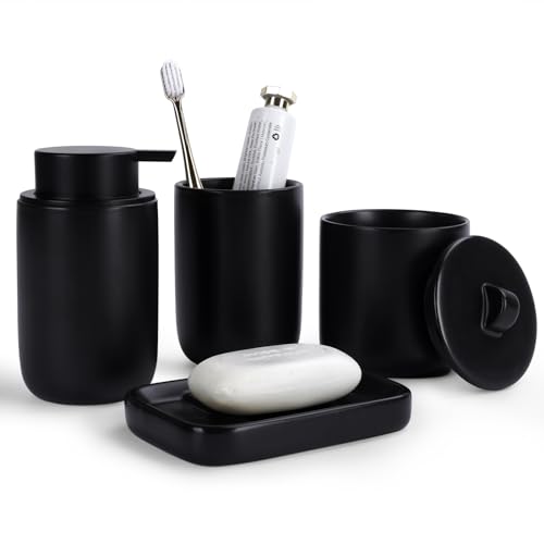 Image of BosilunLife Black Ceramic Bathroom Accessories Set of 4 | Bathroom Decor Sets Accessories Bathroom Lotion Soap Dispenser and Toothbrush Holder Set, Soap Dish, Apothecary Jars.(Liquid)