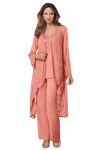 Roaman's Women's Plus Size Petite Plus Size Beaded Georgette 3-Piece Pant Set – Formal Wear