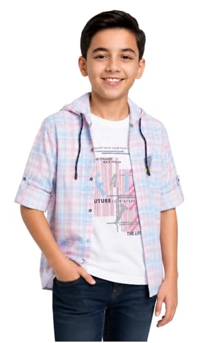 Image of CAVIO Boys Checks Print Hooded Shirt and T-Shirt