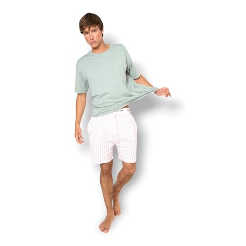 TRAMAS+ Pijama Hombre Verano 100% Algodón, Conjunto de Camiseta de Manga Corta y Pantalón Corto, Ropa de Dormir Fresca y Cómoda - M, Febo, Agua Marina